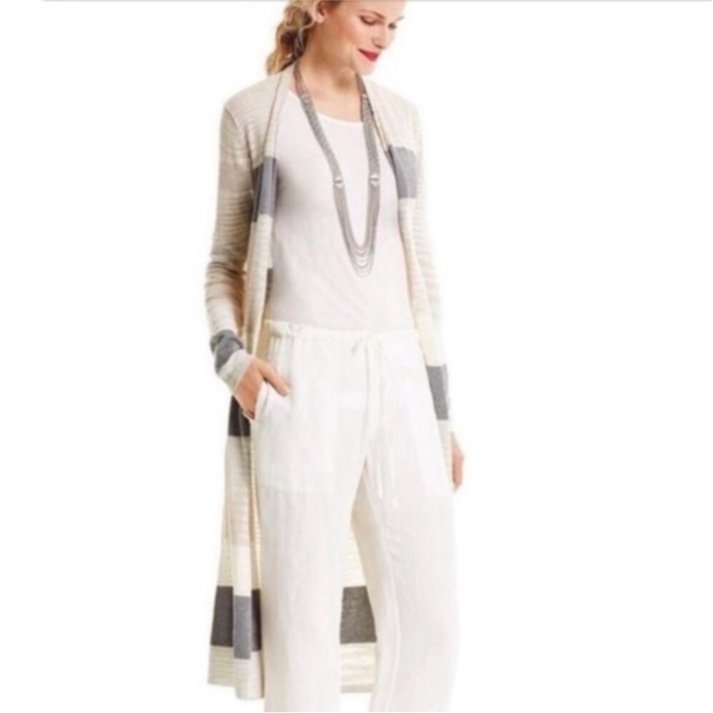 CAbi 5018 EUC Vineyard Striped White Cream Gray Duster Long Cardigan Spring Knit